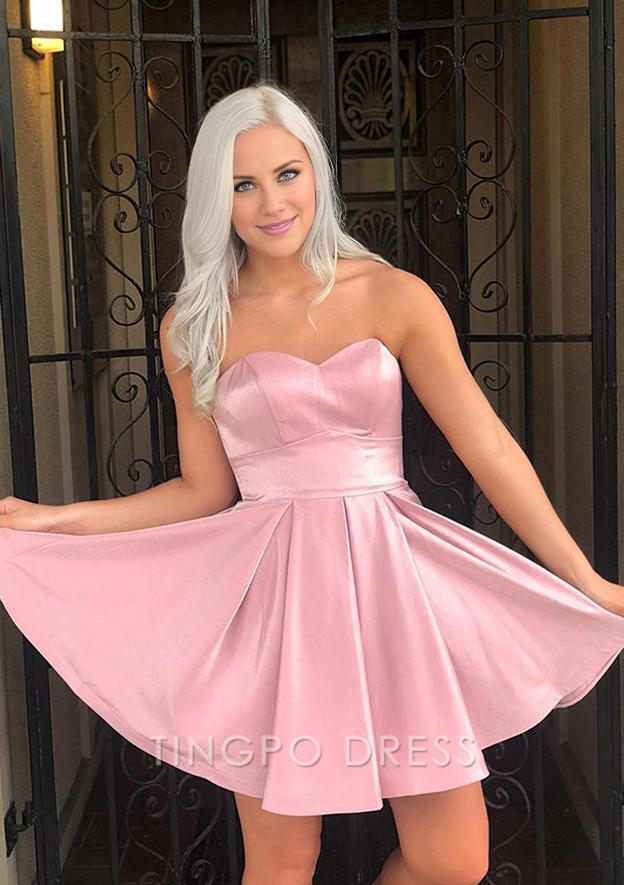 TingPo Wholesale A-line Sweetheart Short/Mini Satin Homecoming Dress With Ruffles