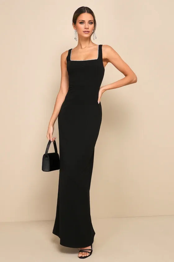 TingPo Wholesale Signature Elegance Timeless Poise Black Rhinestone Square Neck Backless Maxi Dress formal wear dresses
