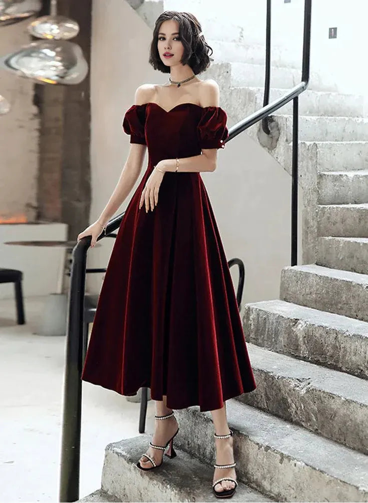 TingPo Wholesale Elegant Vintage A Line Off The Shoulder Burgundy Velvet Evening Dress Prom Dress