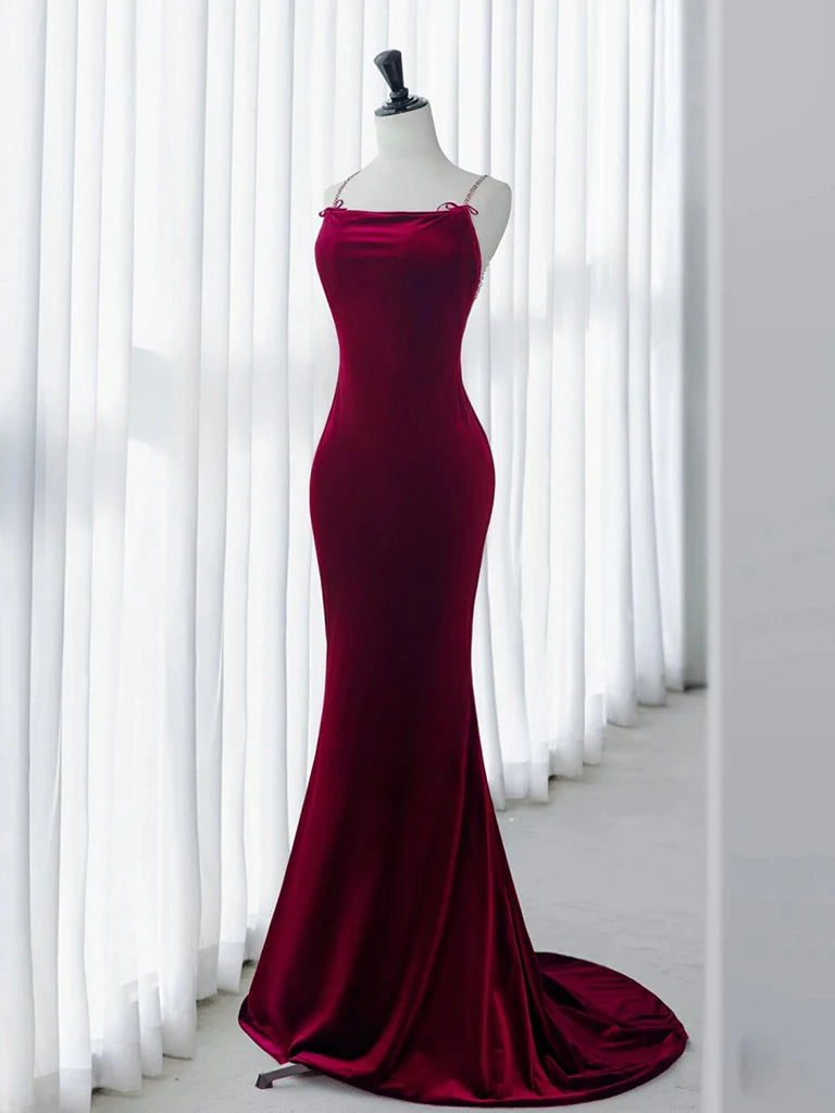 Wholesale Simple Velvet Mermaid Burgundy Long Prom Dress Burgundy Long Formal Dress gowns evening dresses ﻿