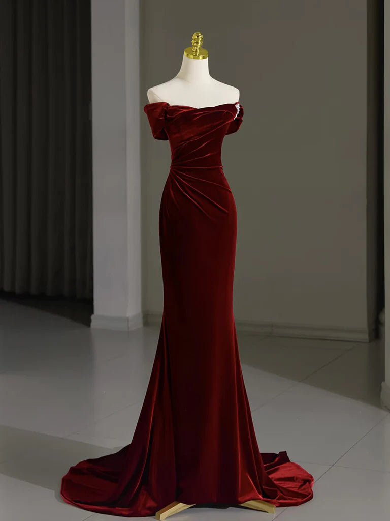 Wholesale Simple Off Shoulder Velvet Burgundy Long Prom Dress Mermaid Long Formal Dress gowns evening dresses