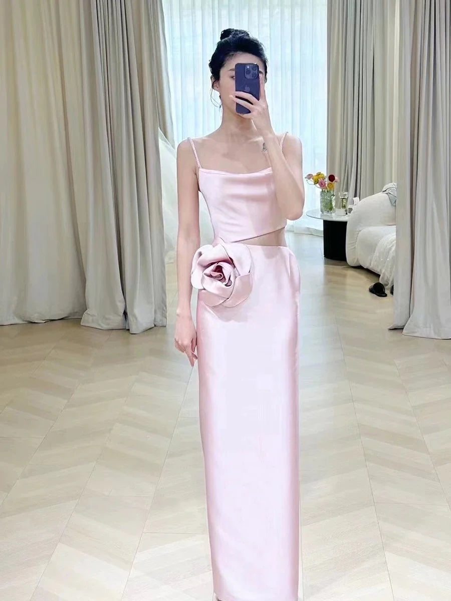TingPo Wholesale Simple A-line Spaghetti Straps Satin Pink Long Evening Dress Prom Dress