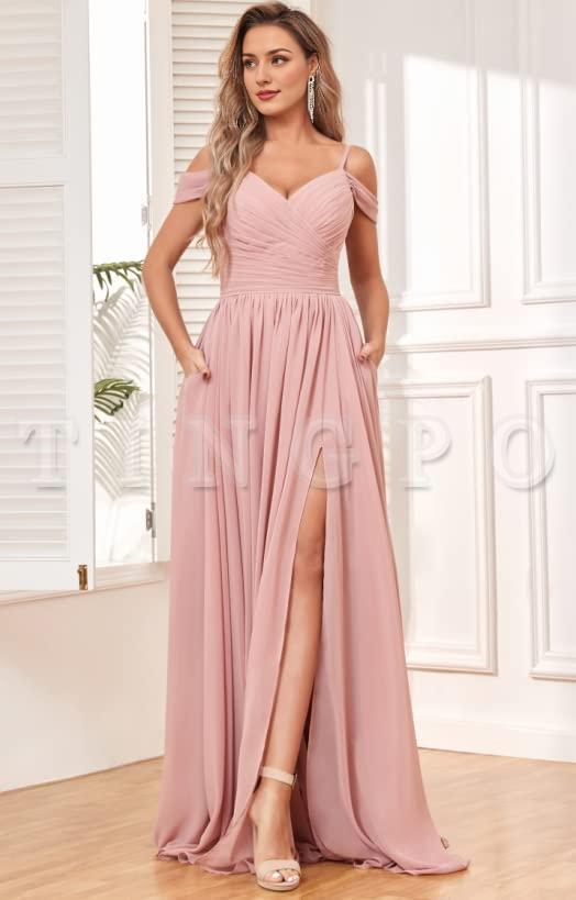 Wholesale Off The Shoulder Bridesmaid Dresses Ruched Flowy Chiffon Long Slit Formal Evening Gown prom dress shop