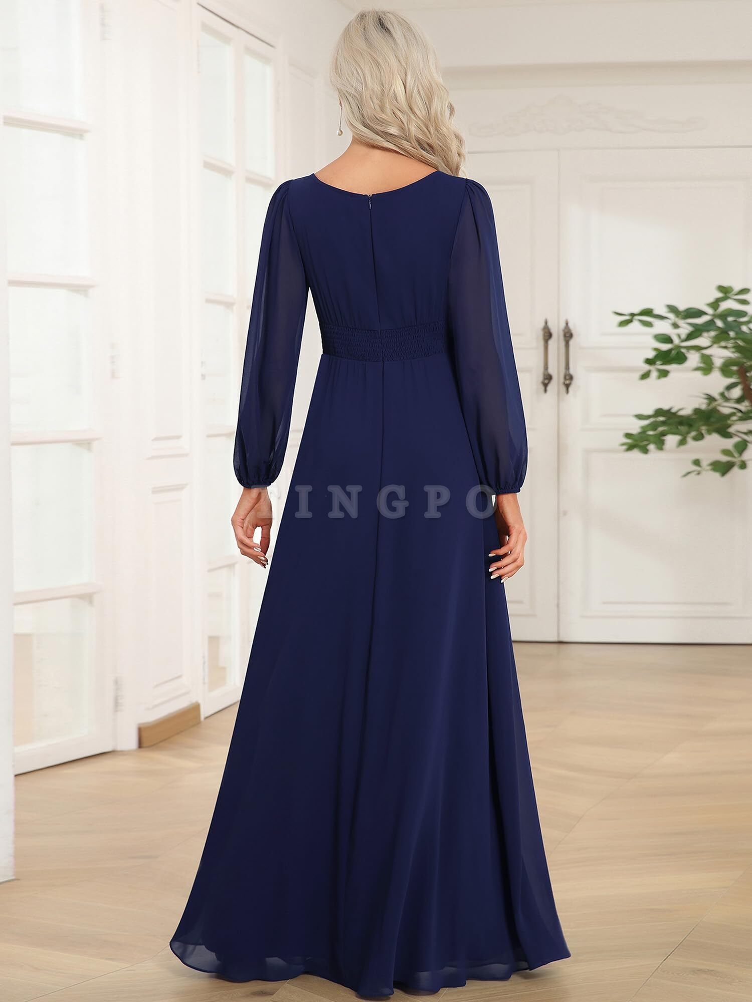 Wholesale Women's Crewneck Lantern Sleeves A-Line Pleated Chiffon Maxi Formal Dress prom dress shop