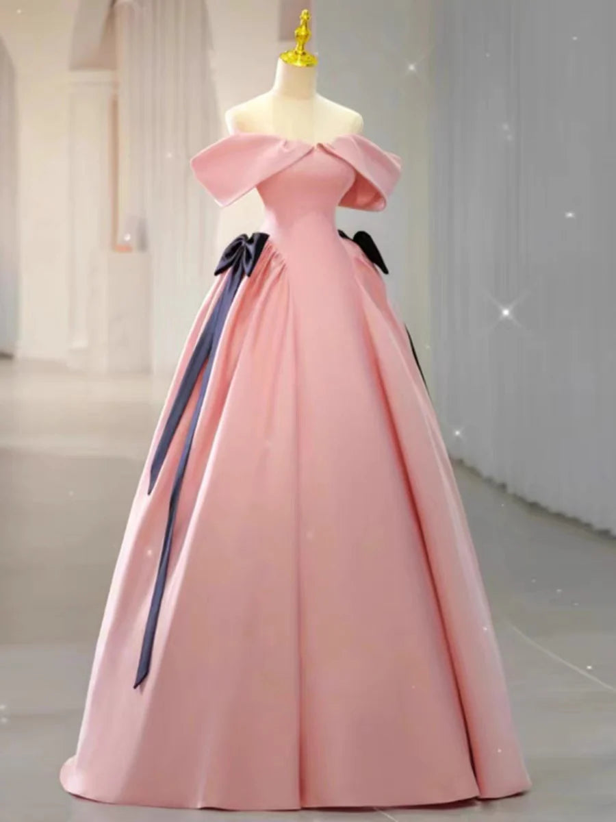 TingPo Wholesale Elegant Ball Gown Off The Shoulder Pink Satin Long Prom Dress Evening Dresses