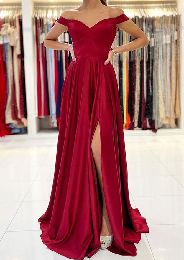 TingPo Wholesale A-line Off-the-Shoulder Long/Floor-Length Satin Prom Dress With Split