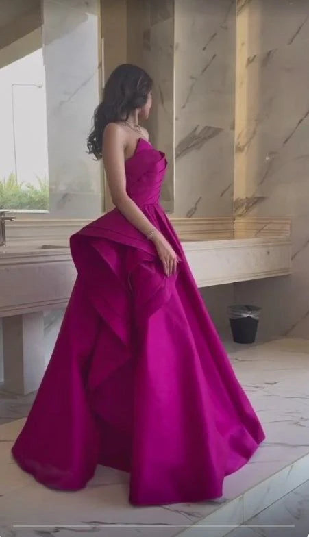 TingPo Wholesale Elegant Fancy Ball Gown Strapless Hot Pink Long Prom Dresses Evening Dress