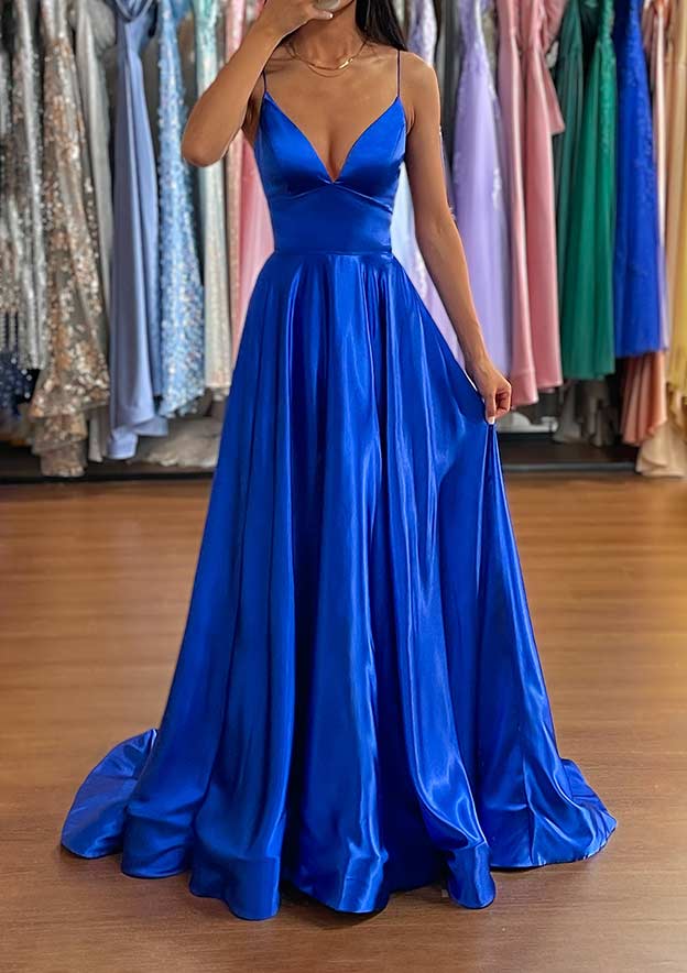 TingPo Wholesale A-line V Neck Sweep Train Charmeuse Prom Dress with Split