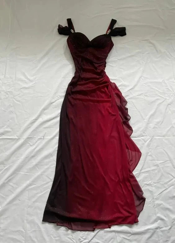 TingPo Wholesale Beautiful A line Straps Ombre Red Long Chiffon Prom Dress