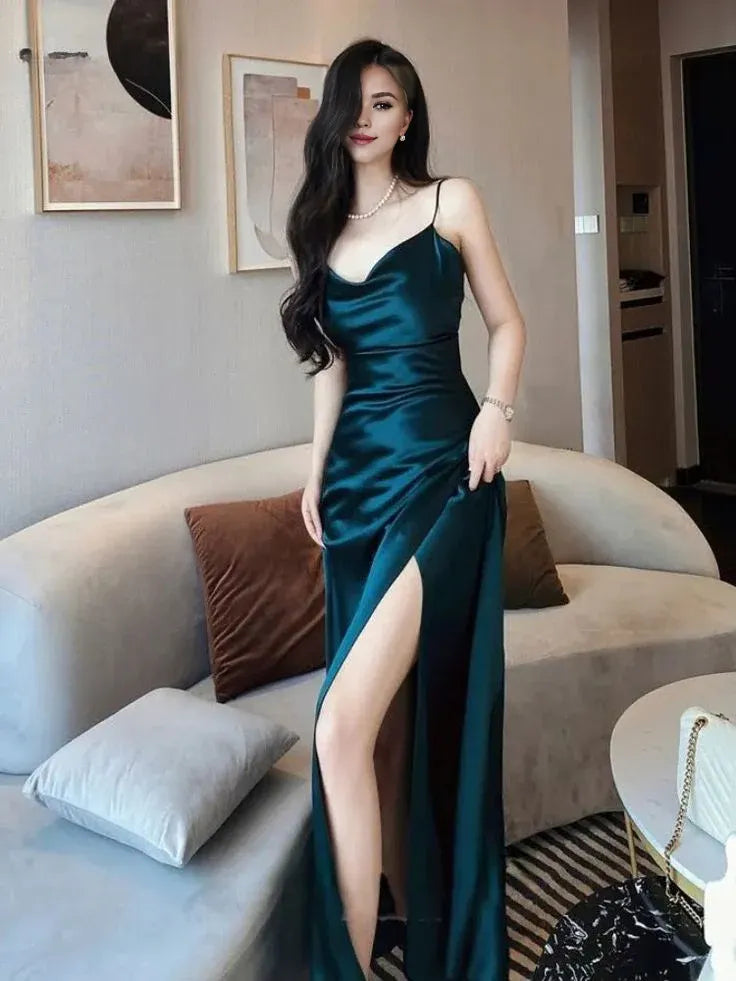 Wholesale Mermaid Green Satin Long Prom Dresses Slit Evening Dress formal wear dresses