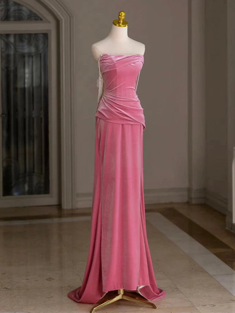Wholesale Pink Mermaid Velvet Beads Long Prom Dress Pink Long Formal Dress gowns evening dresses