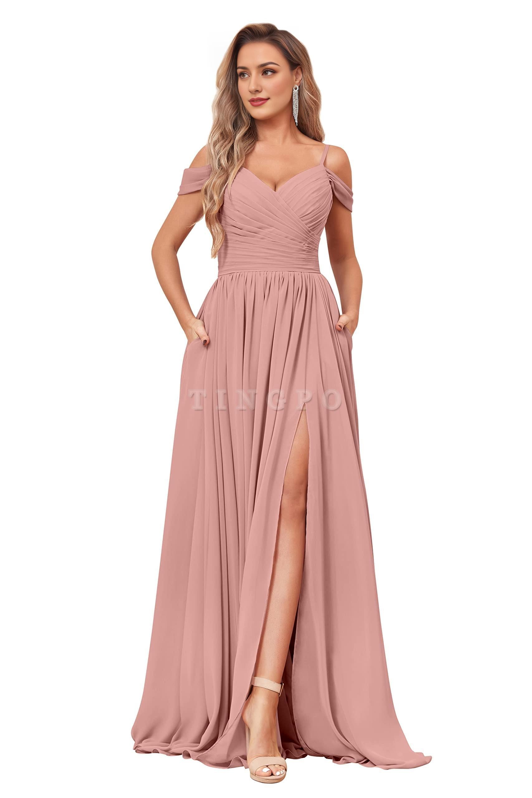 Wholesale Off The Shoulder Bridesmaid Dresses Ruched Flowy Chiffon Long Slit Formal Evening Gown prom dress shop