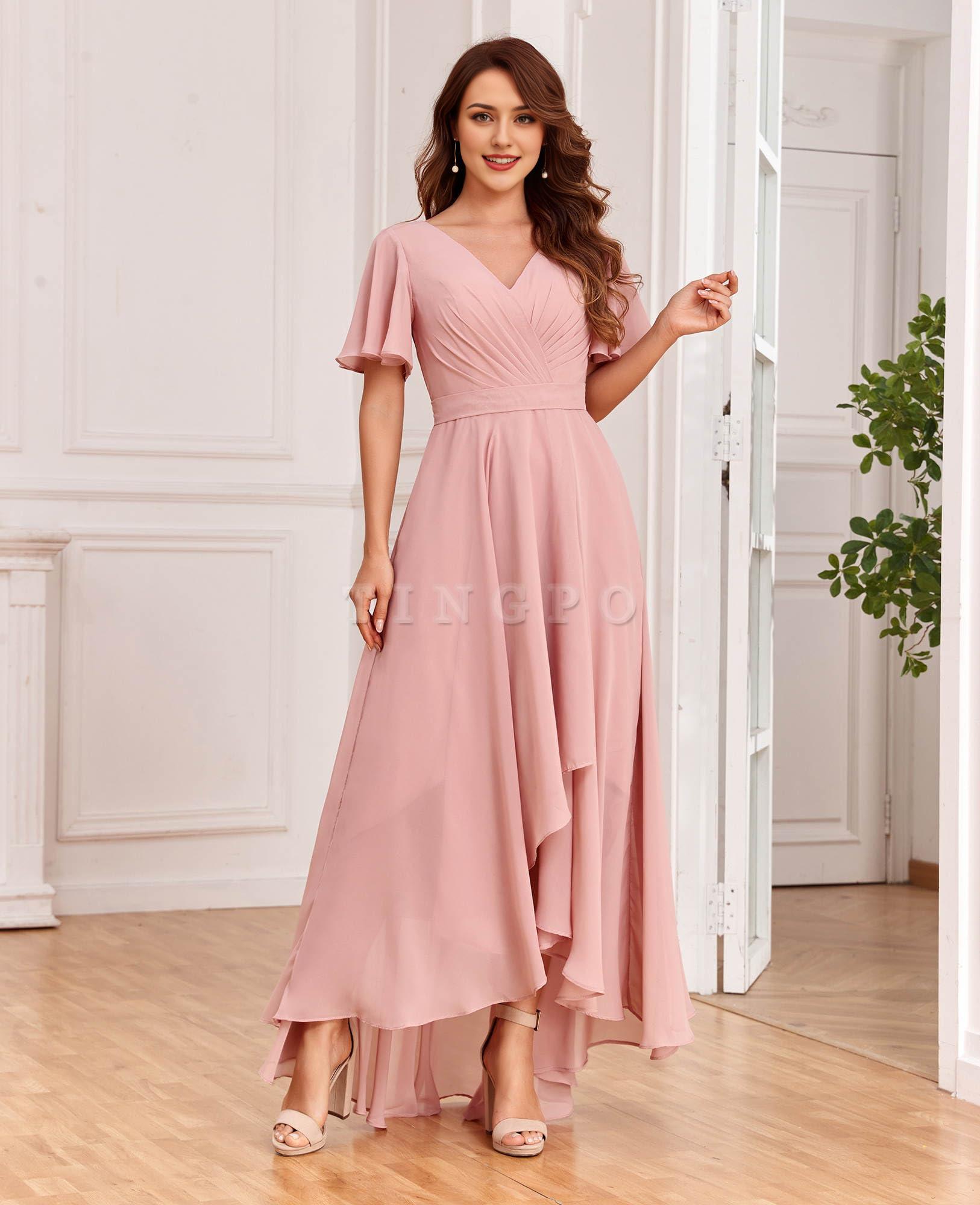 Wholesale Women's V Neck Bridesmaid Dresses with Sleeves Chiffon A-Line Pleated High Low Formal Gown prom dress shop
