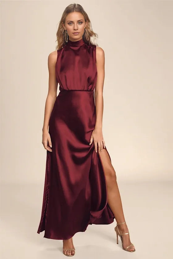 TingPo Wholesale Signature Elegance Classic Elegance Wine Satin Maxi Dress formal wear dresses