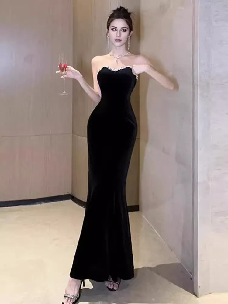 TingPo Wholesale Mermaid Sweetheart Long Black Velvet Prom Dresses formal wear dresses