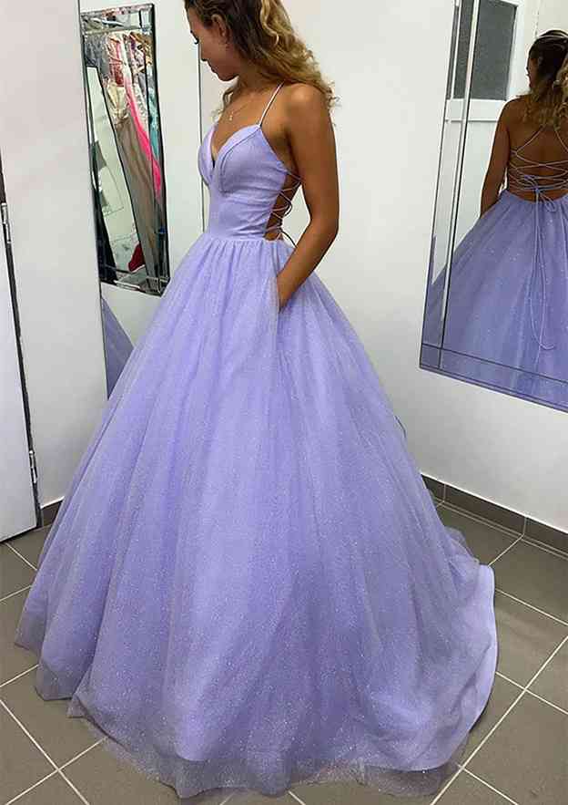 TingPo Wholesale A-line V Neck Spaghetti Straps Long/Floor-Length Glitter Prom Dress With Pockets
