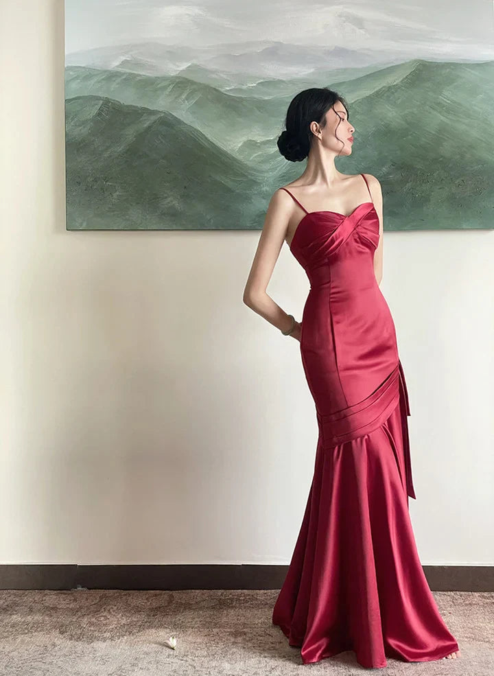 TingPo Wholesale Elegant Wine Red Satin Straps Long Evening Dress Prom Dress