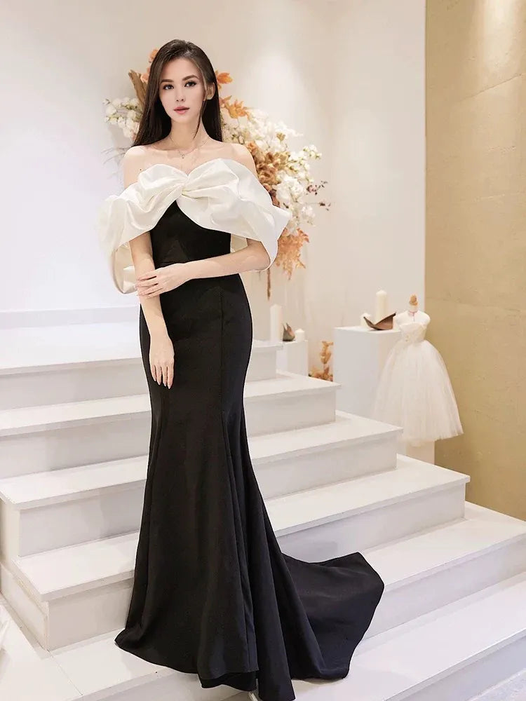 Wholesale Modest Mermaid Off The Shoulder Satin Black Prom Dress Long Evening Dresses formal wear dresses