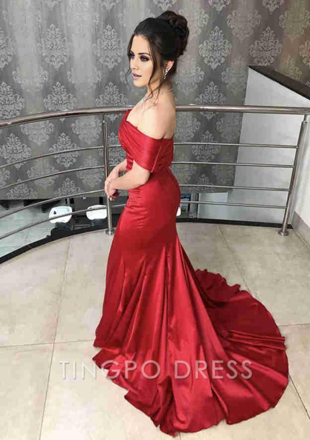 TingPo Wholesale Trumpet/Mermaid Off-the-Shoulder Sweep Train Satin Prom Dress With Pleated