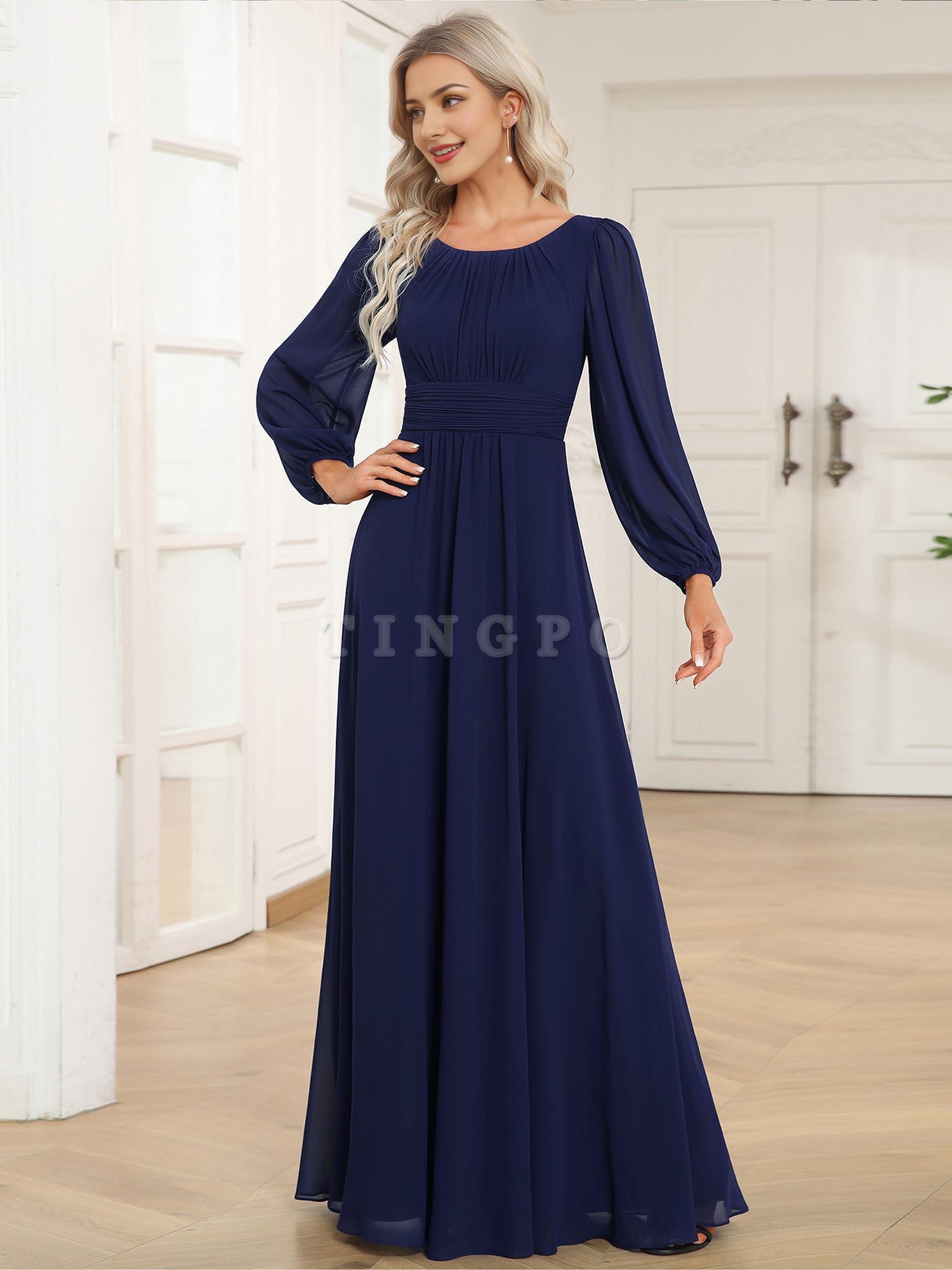 Wholesale Women's Crewneck Lantern Sleeves A-Line Pleated Chiffon Maxi Formal Dress prom dress shop
