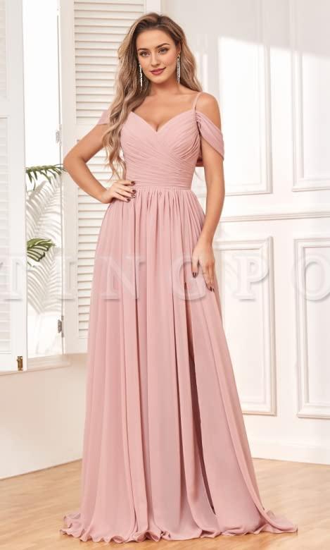 Wholesale Off The Shoulder Bridesmaid Dresses Ruched Flowy Chiffon Long Slit Formal Evening Gown prom dress shop