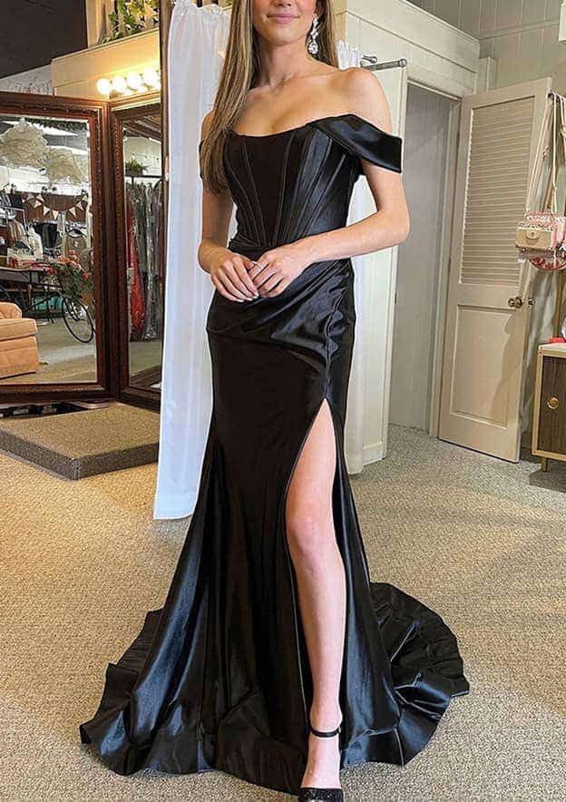 TingPo Wholesale Trumpet/Mermaid Off-the-Shoulder Regular Straps Court Train Silk like Satin Prom Dress With Pleated Split