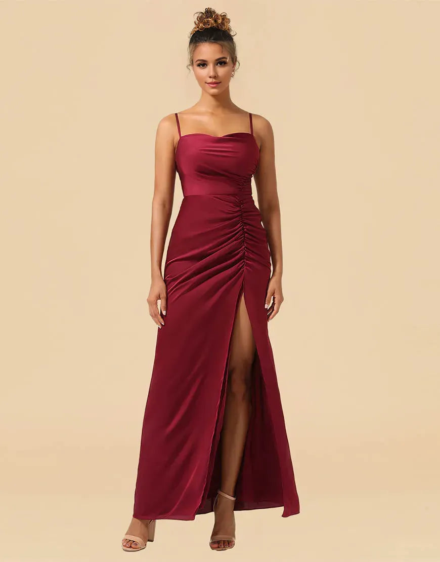 Wholesale Sheath Spaghetti Straps Long Satin Bridesmaid Dress With Split Bridesmaid dress shop