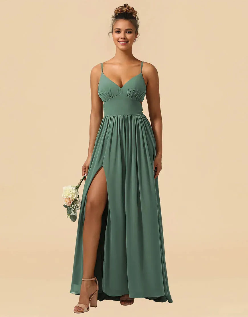 Wholesale Eucalyptus A-Line Spaghetti Straps Floor Length Chiffon Bridesmaid Dress with Split Bridesmaid dress shop ﻿