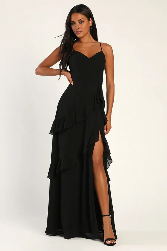 TingPo Wholesale Signature Elegance Blessed with Beauty Black Ruffled Sleeveless Maxi Dress formal wear dresses