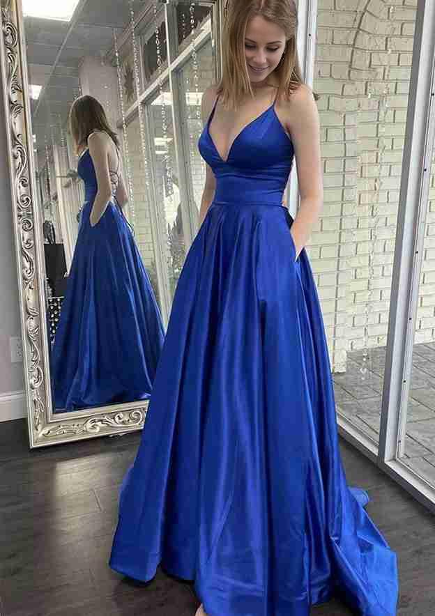 TingPo Wholesale A-line V Neck Spaghetti Straps Sweep Train Charmeuse Prom Dress With Pockets