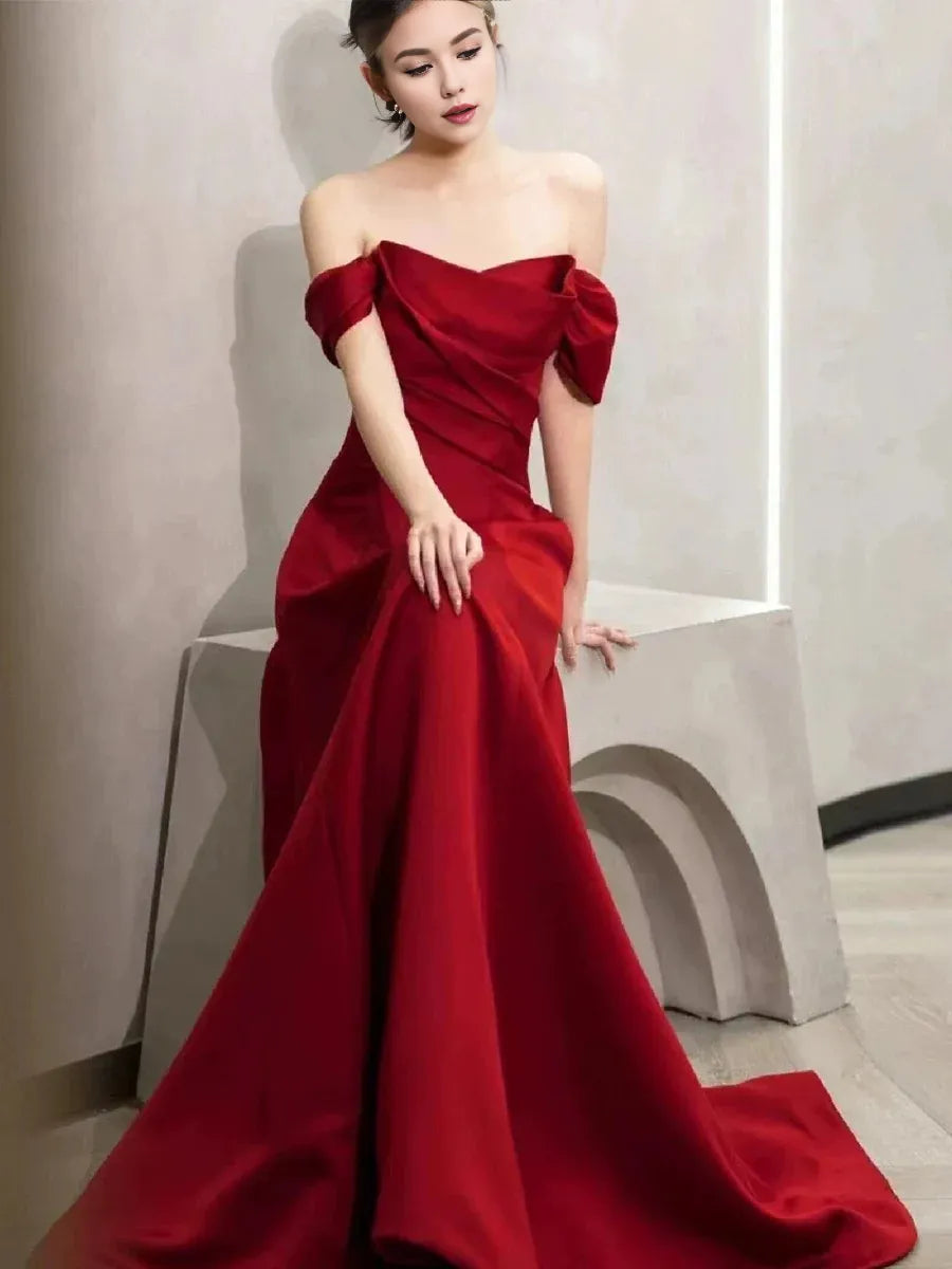 TingPo Wholesale Elegant A line Off The Shoulder Red Satin Party Dress Prom Dresses Evening Dress