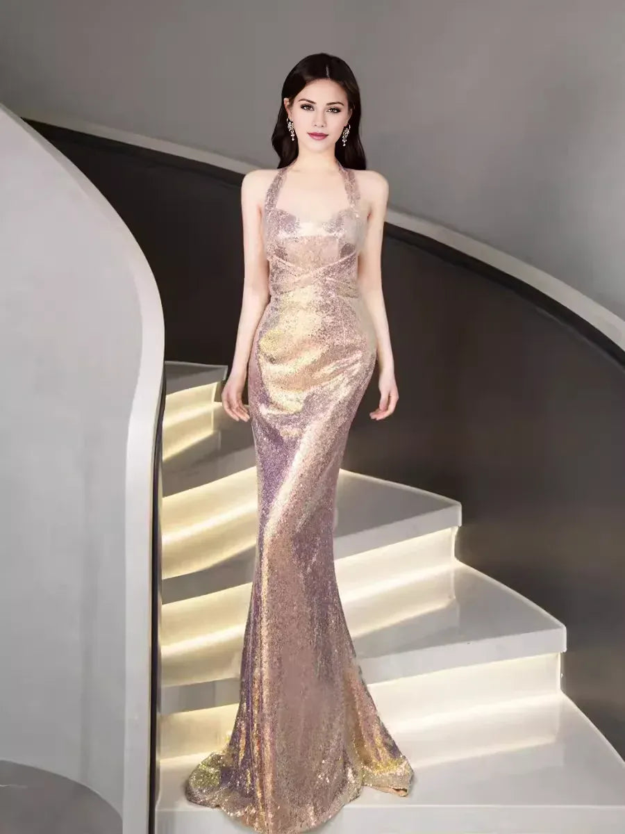 TingPo Wholesale Mermaid Halter Sequin Backless Prom Dresses Evening Dress