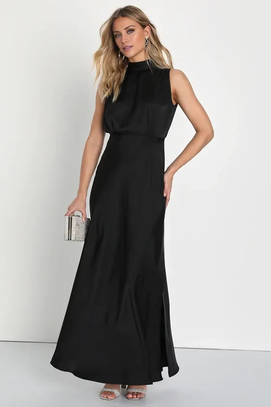 TingPo Wholesale Signature Elegance Black Satin Sleeveless Mock Neck Maxi Dress formal wear dresses