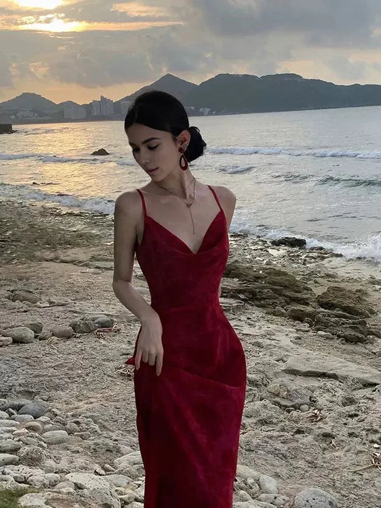 Wholesale Gorgeous Sheath Spaghetti Straps Burgundy Evening Dress Prom Dresses Birthday Outfits formal wear dresses