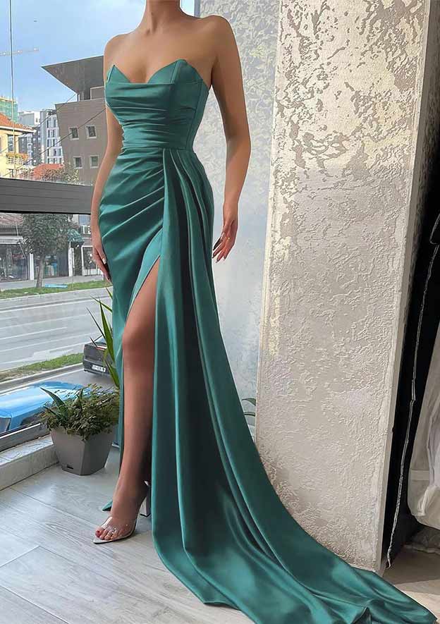 TingPo Wholesale Trumpet/Mermaid Sweetheart Strapless Court Train Satin Prom Dress With Pleated Split