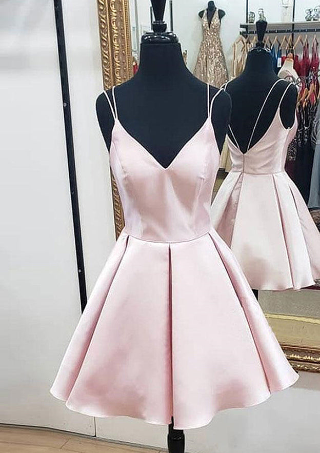 TingPo Wholesale A-line V Neck Sleeveless Satin Short/Mini Homecoming Dress With Ruffles