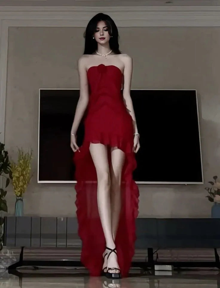 TingPo Wholesale Elegant Pretty High Low Strapless Chiffon Long Prom Dresses Burgundy Evening Dress