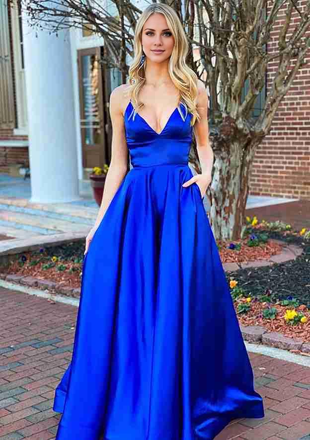 TingPo Wholesale A-line V Neck Sleeveless Charmeuse Long/Floor-Length Prom Dress With Pockets