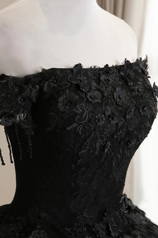 Wholesale Black Tulle Lace Long Prom Dress Black A-Line Evening Gown