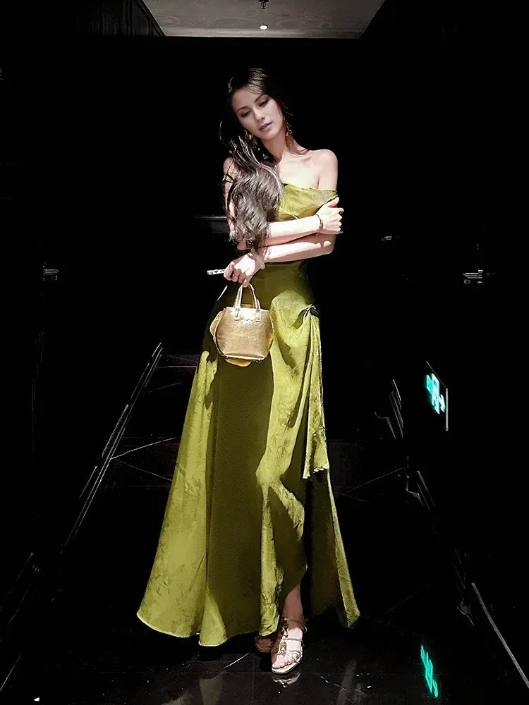 TingPo Wholesale Pretty A line Off The Shoulder Satin Green Long Prom Dresses Satin Evening Gowns