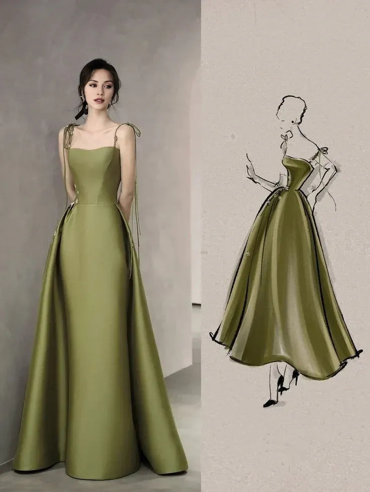 TingPo Wholesale Simple A line Olive Green Long Satin Prom Dresses With Ruffles