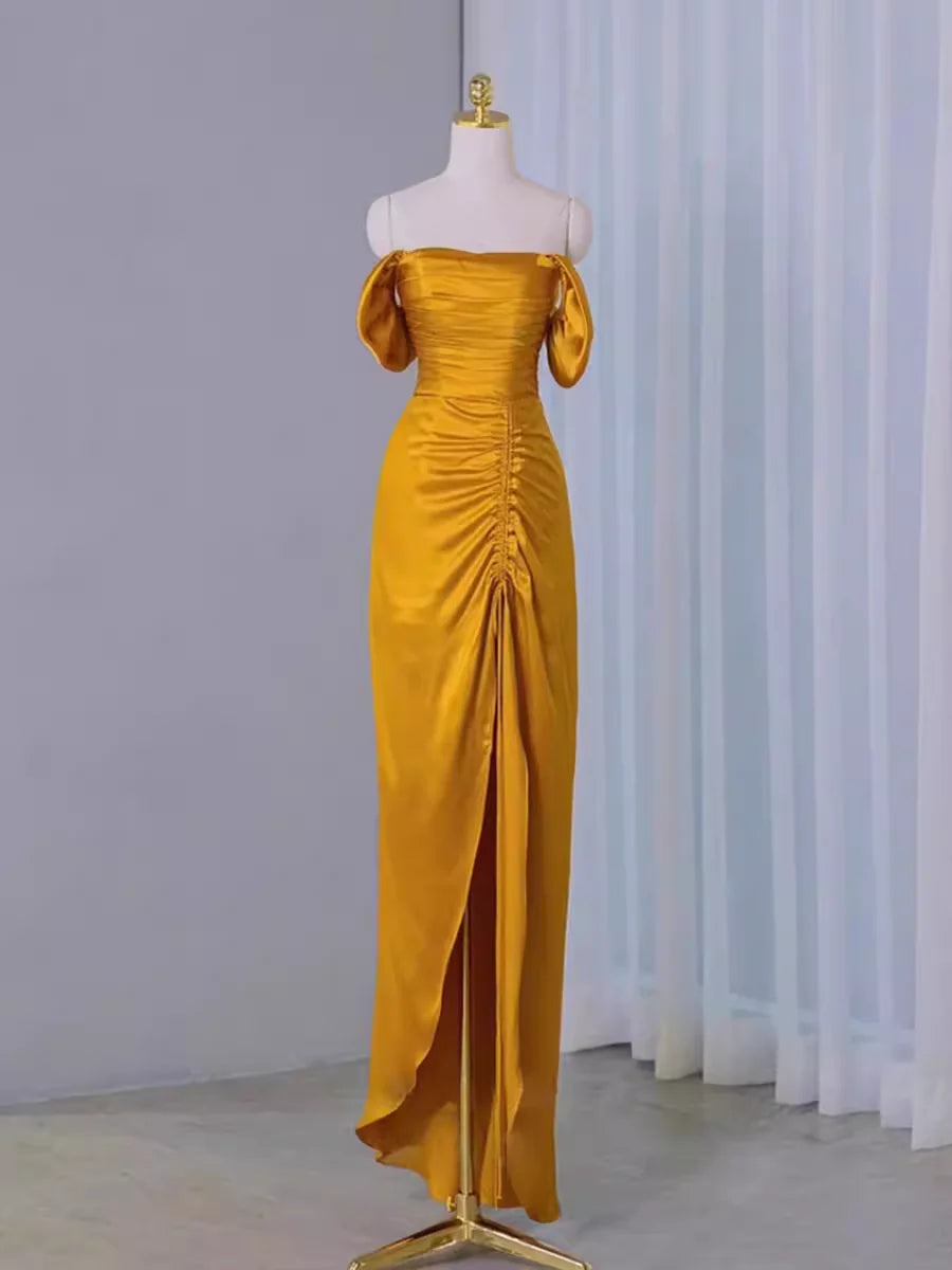 TingPo Wholesale Sheath Off The Shoulder Yellow Prom Dresses Evening Dress