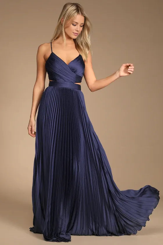 TingPo Wholesale Signature Elegance Got the Glam Navy Blue Pleated Cutout Maxi Dress formal wear dresses