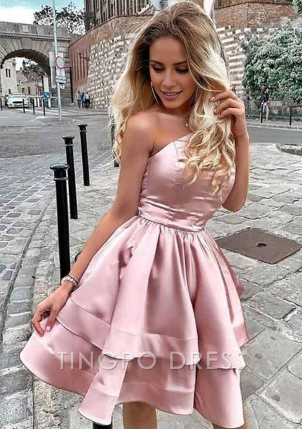 TingPo Wholesale A-line Princess One-Shoulder Sleeveless Short/Mini Satin Homecoming Dress with Ruffles