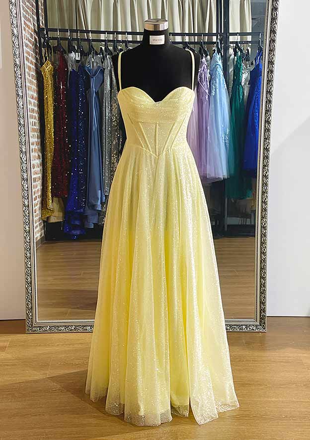 TingPo Wholesale A-line Sweetheart Spaghetti Straps Long/Floor-Length Tulle Prom Dress With Pleated Glitter