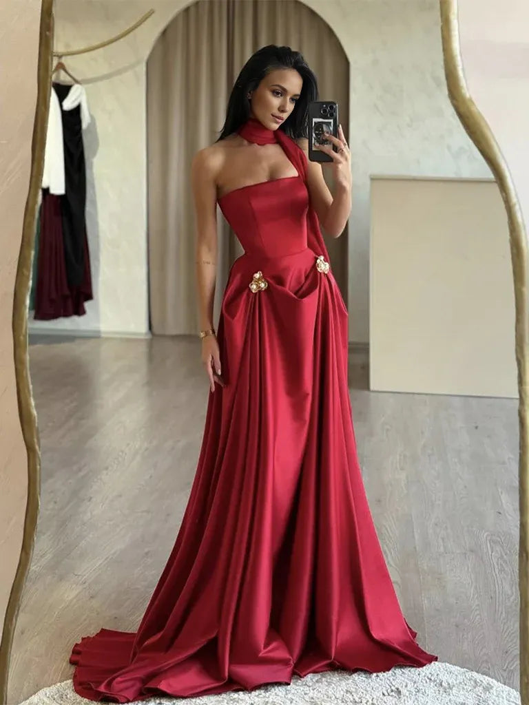 Wholesale A-Line Satin Red Long Prom Dress Red Long Evening Dress gowns evening dresses