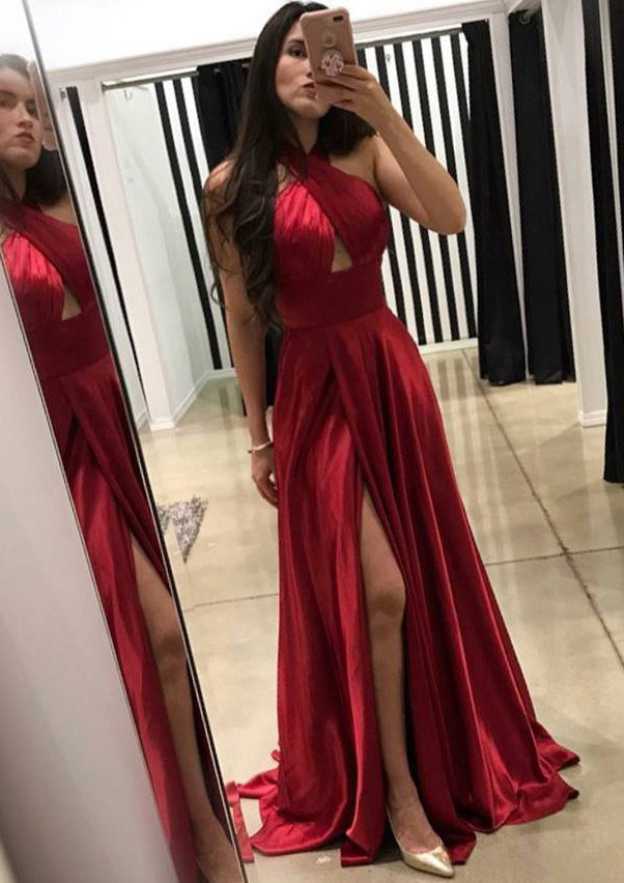 TingPo Wholesale A-line/Princess Halter Sleeveless Sweep Train Charmeuse Prom Dress With Split