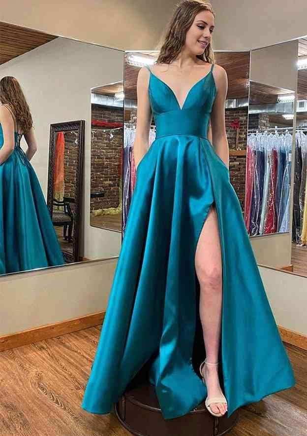 TingPo Wholesale A-line V Neck Sleeveless Satin Long/Floor-Length Prom Dress With Pockets Split