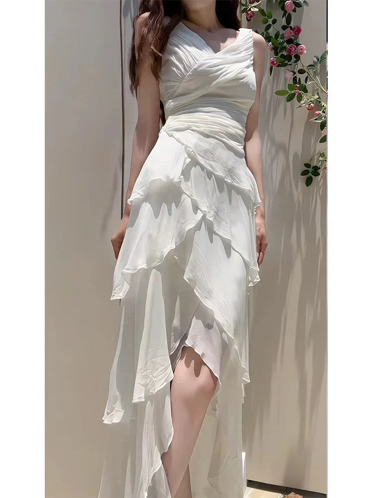 TingPo Wholesale Elegant Modest High Low Spaghetti Straps White Chiffon Prom Dress Evening Dresses