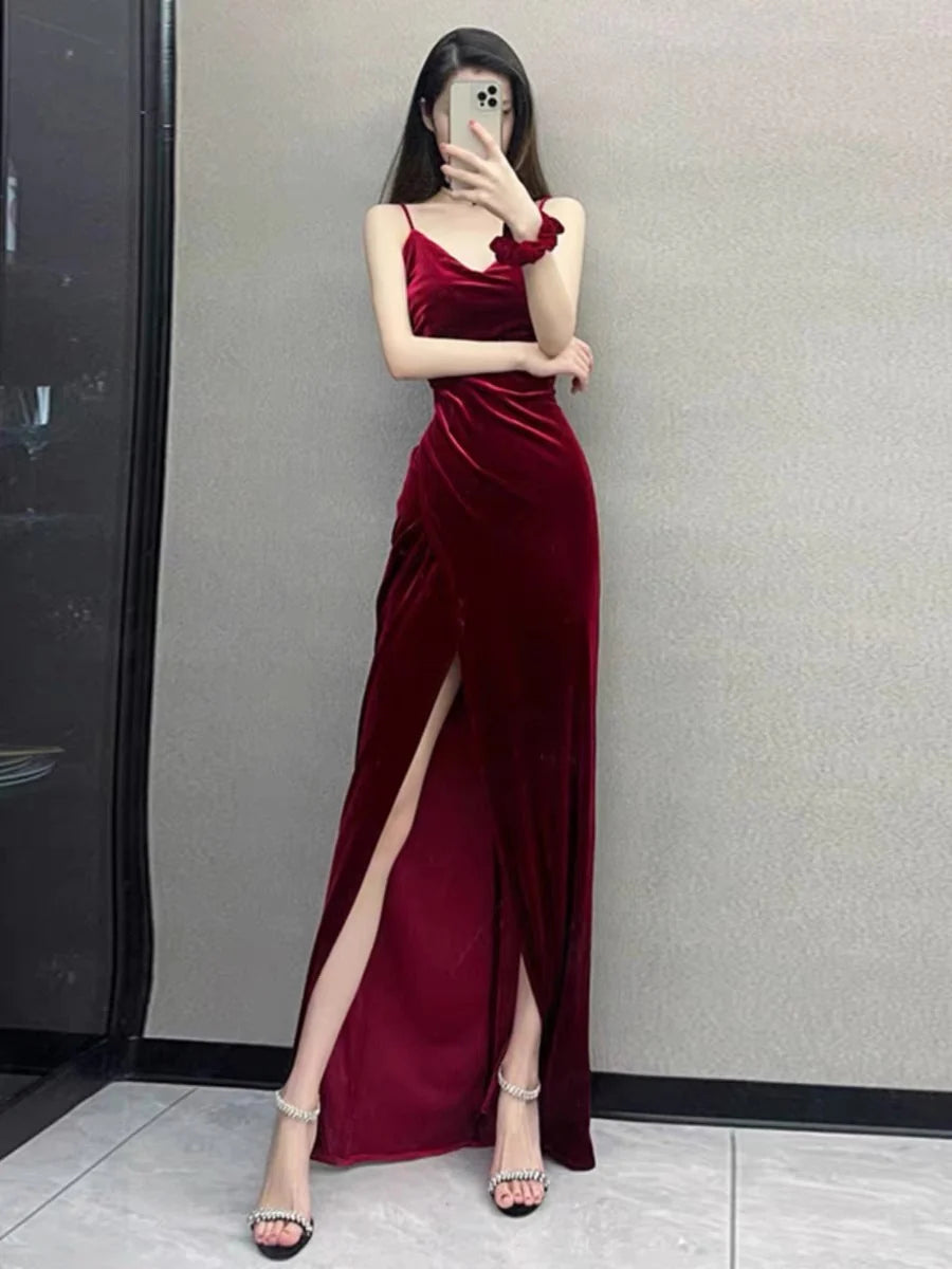 Wholesale Elegant Sheath Spaghetti Straps Red Velvet Long Prom Dress Evening Dresses formal wear dresses